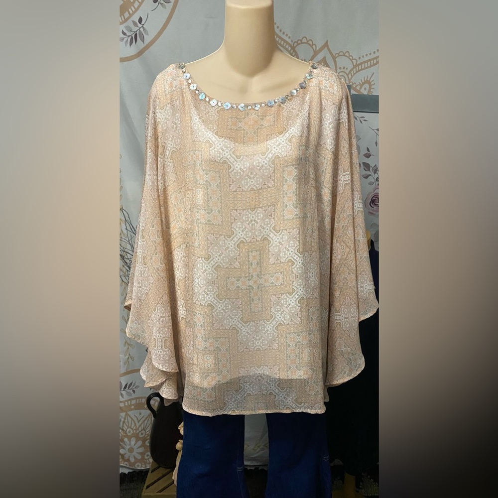 NWT Ruby Rd 3X Semi-sheer Layered Undertank Blouse Peach and White Geometric